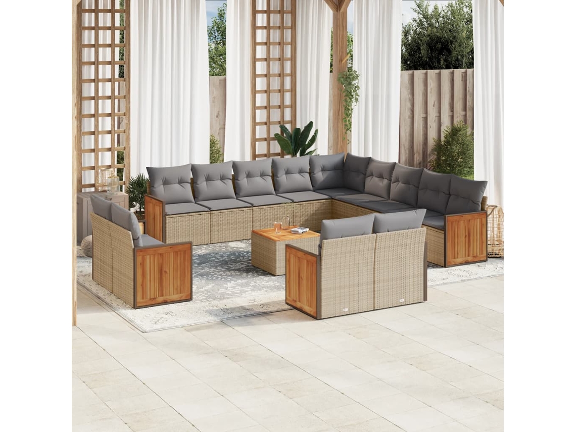 Vidaxl 14 Pcs Conjunto De Sofás P/ Jardim Com Almofadões Vime Pe Bege