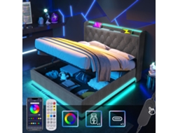 Cama De Box 140x200 Cm Cinza 360-led Hidráulica Usb-c Controle Remoto/app