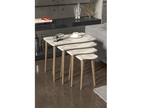 Conjunto De 4 Mesas Retangulares De Encaixe Em Madeira Natural Ou Mármore Branco Pernas De Madeira, Design Moderno, Fácil Montagem Casa Basics