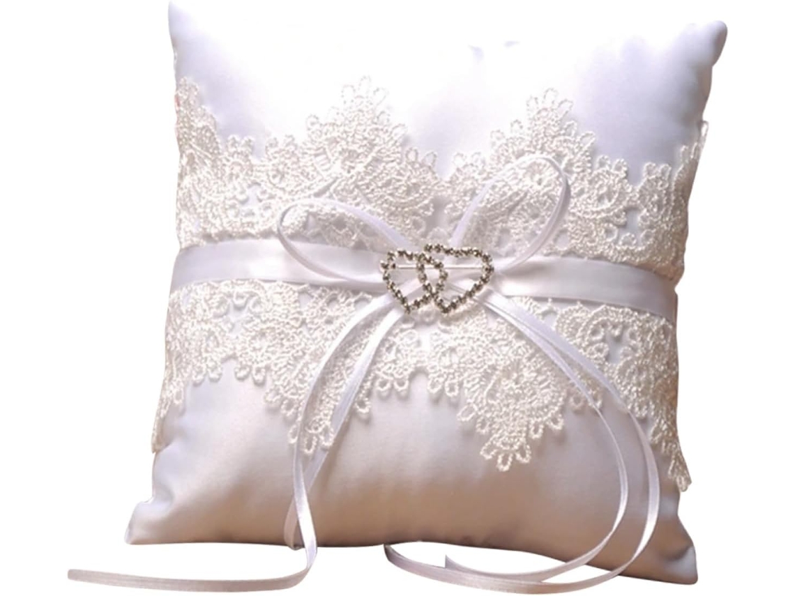 Almofada Romântica para Alianças de Casamento com Renda, Anéis Noivado, Branca Contas Decoração e CHABERLU