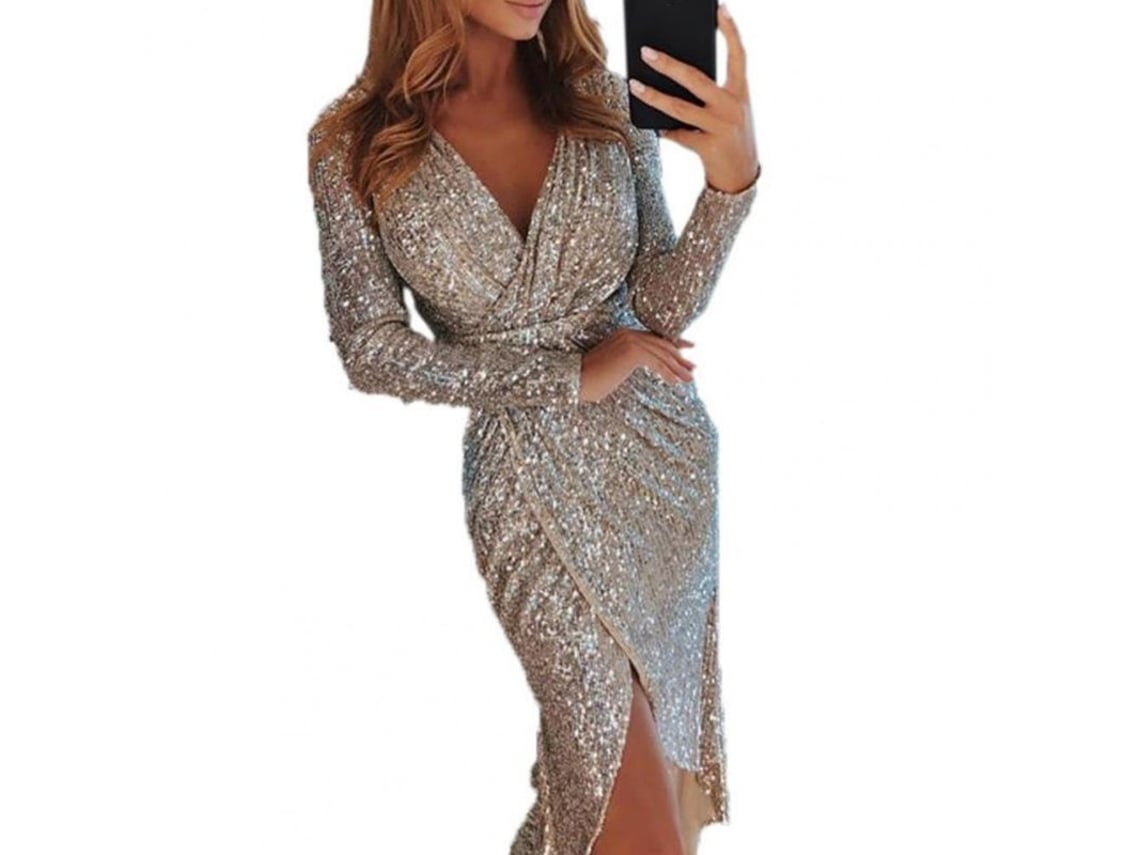 Vestido midi Rebe-Sexy para mulheres com strass, decote em V, manga comprida e corte justo, ideal para festas e casamentos, tamanho M, cor prata.