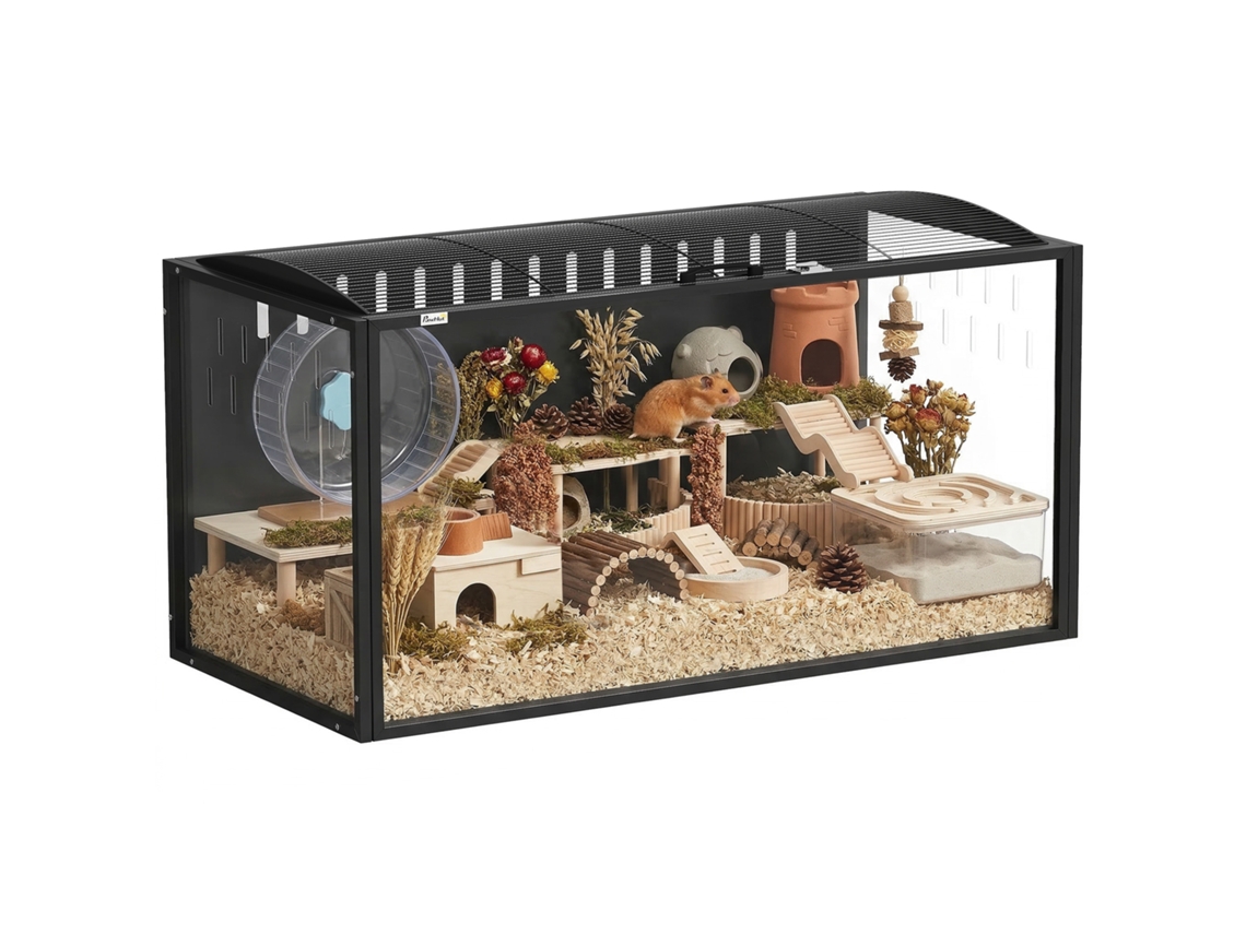 Gaiola de Hamster Gigante Habitat de Roedores em Aço e Acrílico Transparente Vista Panorâmica 105 X 51 X 53 Cm Preto Ge