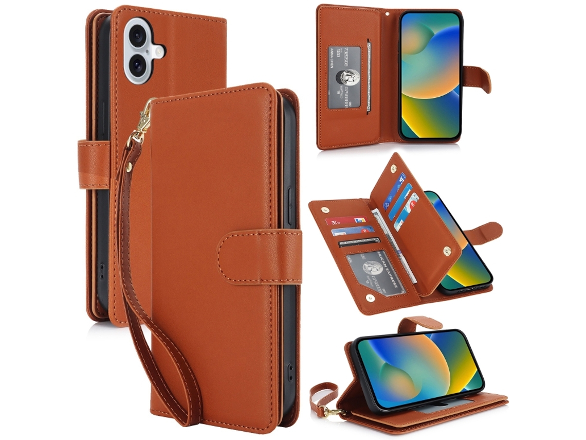 Capa Carteira De Couro Para Iphone 16 Plus - Com Rfid - Para Vários Cartões