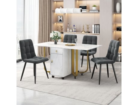 Conjunto De Jantar 150x80x76cm Com 4 Cadeiras Estofadas Em Veludo, Mesa Dobrável Em Mdf Branco E Pernas Pretas. Mega Echo Trade Shop