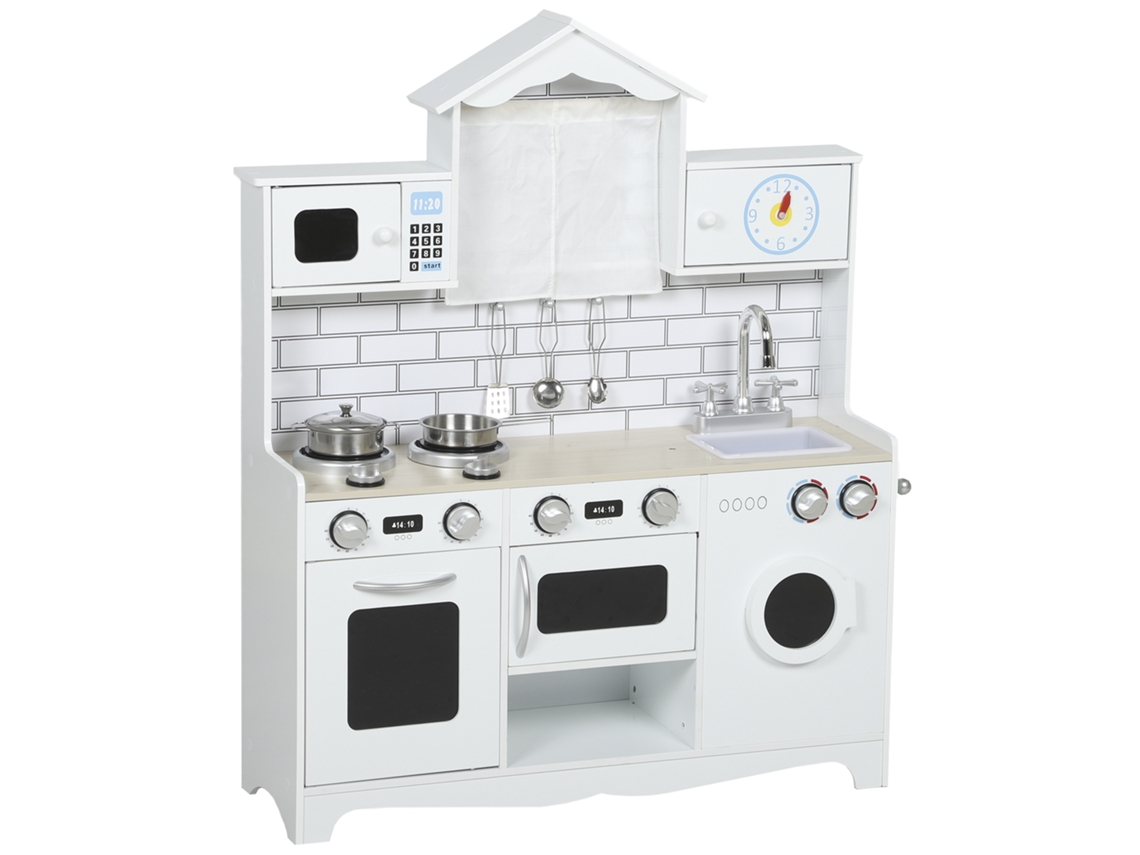 Cozinha De Madeira Com Som De Brincar Com Acessórios Em Aço Inoxidável Máquina De Lavar Micro-ondas, 79,5x24x94 Cm Branco