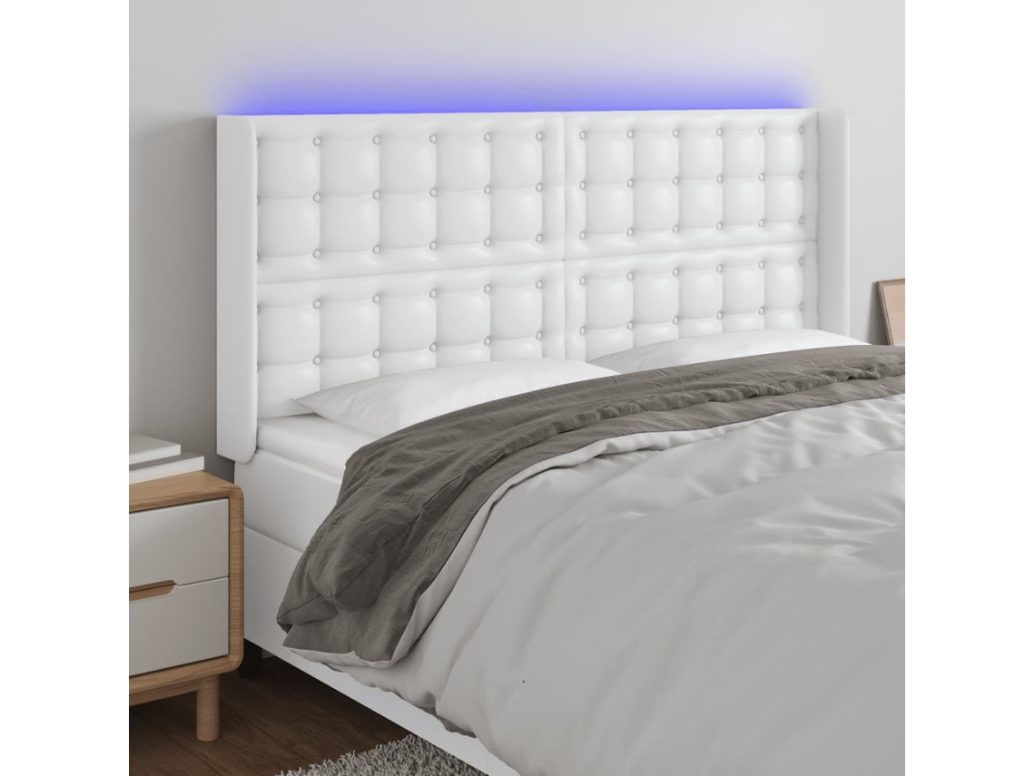 Vidaxl Cabeceira Cama C/ Led Couro Artificial 163x16x118/128 Cm Branco