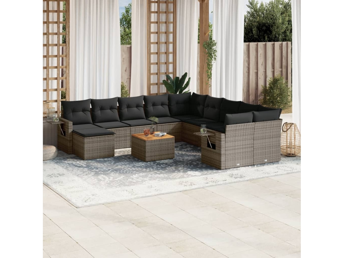 Vidaxl 12 Pcs Conjunto De Sofás Jardim C/ Almofadões Vime Pe Cinzento