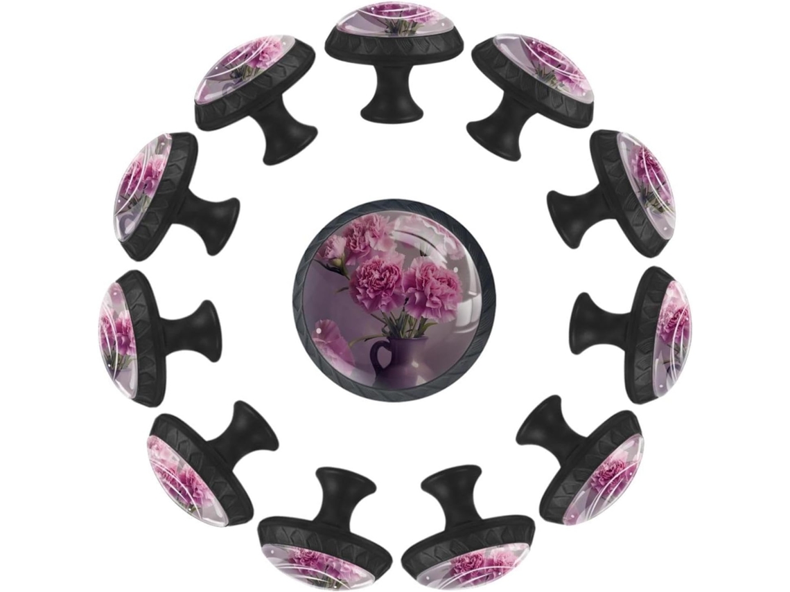 Puxadores E Botões Redondos Para Gavetas Armários, Conjunto De 12 Peças, Modelo Boss Bloom Com Flor Rosa, Puxadores Para