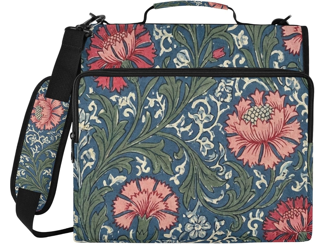 Pasta organizadora escolar William Morris com zíper, 3 argolas com alça, estampa de crisântemo, 3,8 cm de comprimento, bolsa