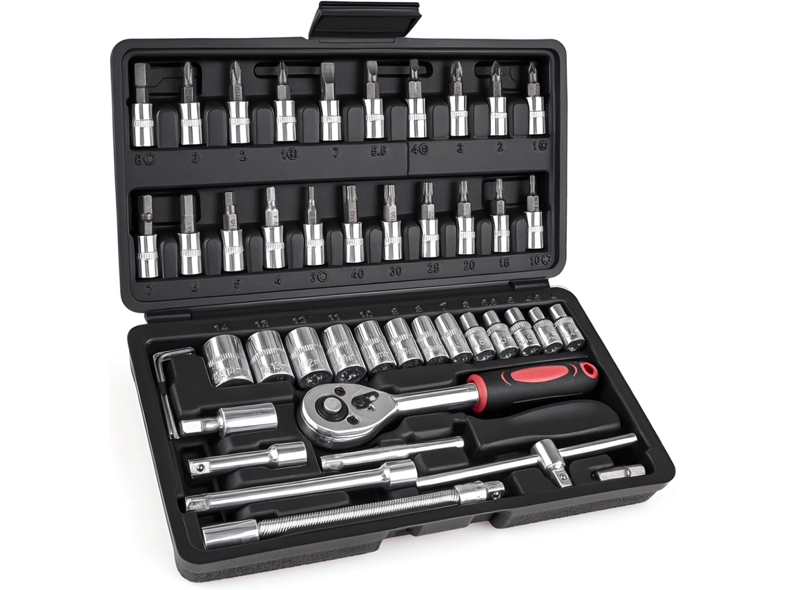 Kit Chave De Roquete E Soquetes 46 Peças 1/4 Para Automóvel E Reparações Domésticas