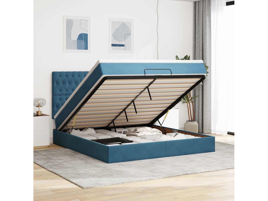 Vidaxl Estrutura de Cama Otomana com Colchão Azul Escuro Veludo