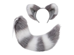 Conjunto De Orelhas E Cauda De Animal Peluda Fox Raccoon Gato Lobo Para Halloween Natal Festa Disfarce Gris Branco