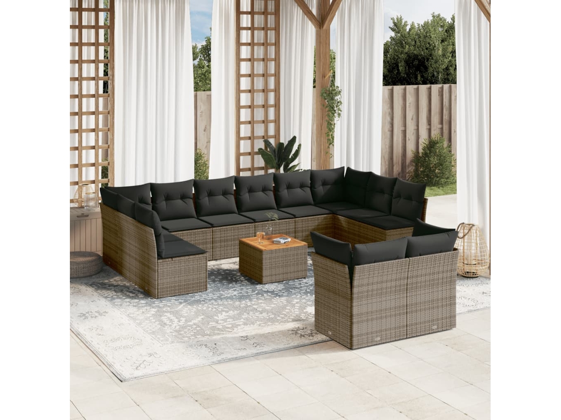 Vidaxl 13 Pcs Conjunto Sofás P/ Jardim C/ Almofadões Vime Pe Cinzento