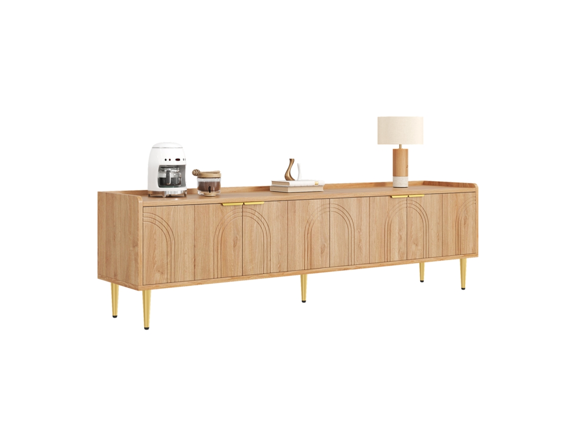 Móvel de Tv Lowboard com Porta Texturizada, Puxadores e Pés Dourados Natural MOBRIO (170x35x47,5 cm)