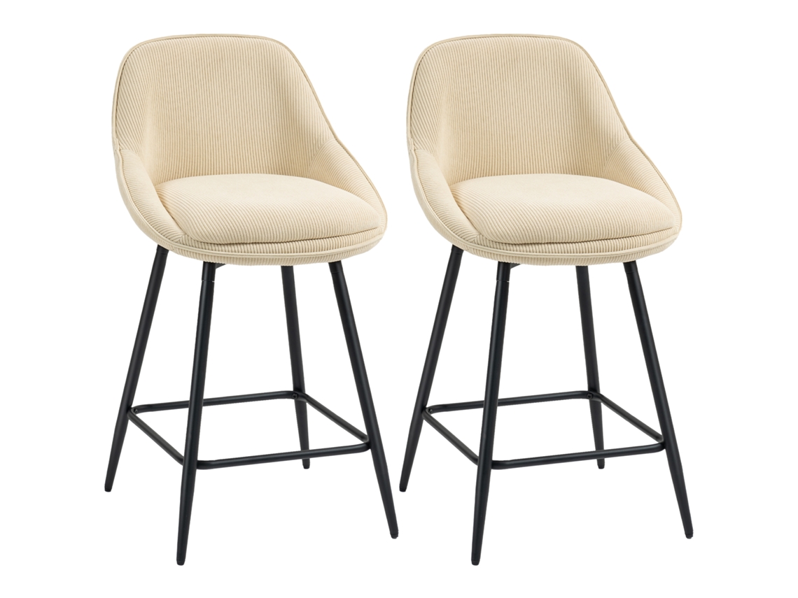 Conjunto De 2 Banquetas De Bar Em Veludo Cotelê. Cadeiras De Bar Com Encosto Curvo. Apoio Para Os Pés. 49x52x88cm. Bege.