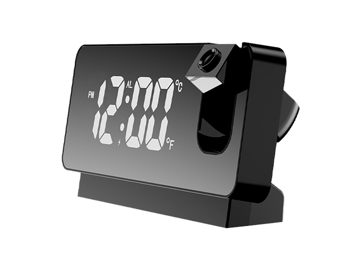 Despertador digital com projeção USB, tela grande, silencioso e luminoso, ideal para quarto, na cor preta.