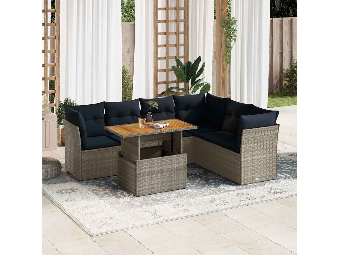 Vidaxl 7 Pcs Conjunto Sofás P/ Jardim C/ Almofadões Vime Pe Cinzento