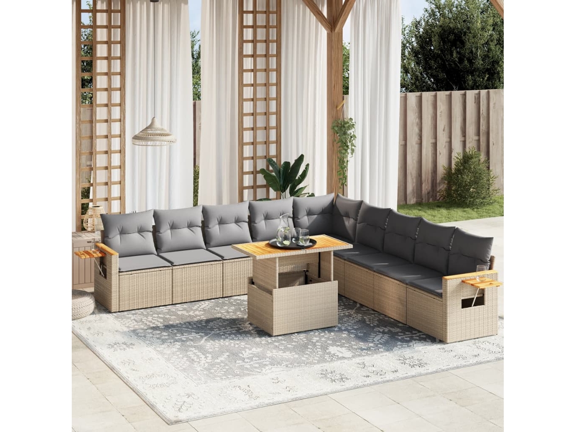 11 Pcs Conjunto Sofás De Jardim C/ Almofadões Vime Pe Bege Dkd Home Decor