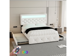 Cama De Casal 140x200cm Com Estofado, Base Elevada, Gavetas E Mesa De Cabeceira Com Iluminação Led Branco Liptaptyn