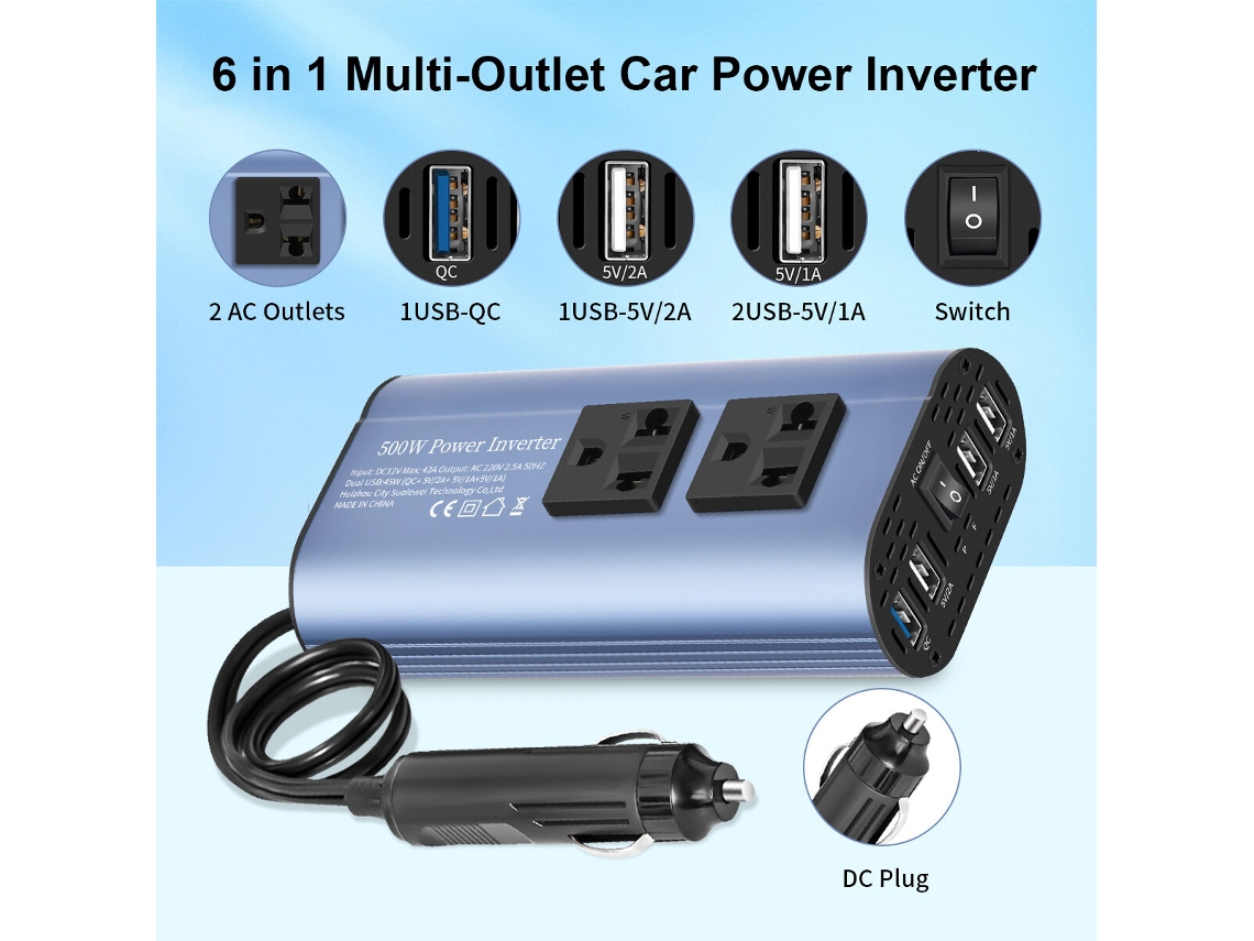 Inversor De Energia Para Automóvel Tataliken, Ficha Ue, 300/500 W, 12 V A 110 V/220 V, 6 Em 1, Inversor De Saída Múltipla, Onda Sinusoidal Modificada,