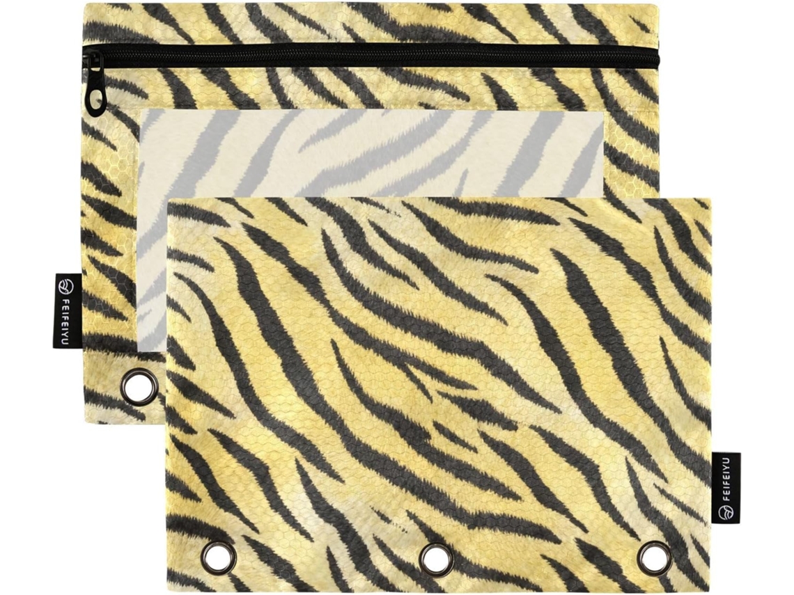Organizador de massas com estampa de tigre em marrom e amarelo, camada transparente com visor, grande capacidade e 3 argolas.