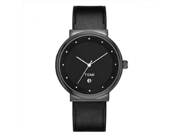 Relógio masculino Tomi, estilo simples, mostrador redondo, pulseira de PU, movimento de quartzo (preto)