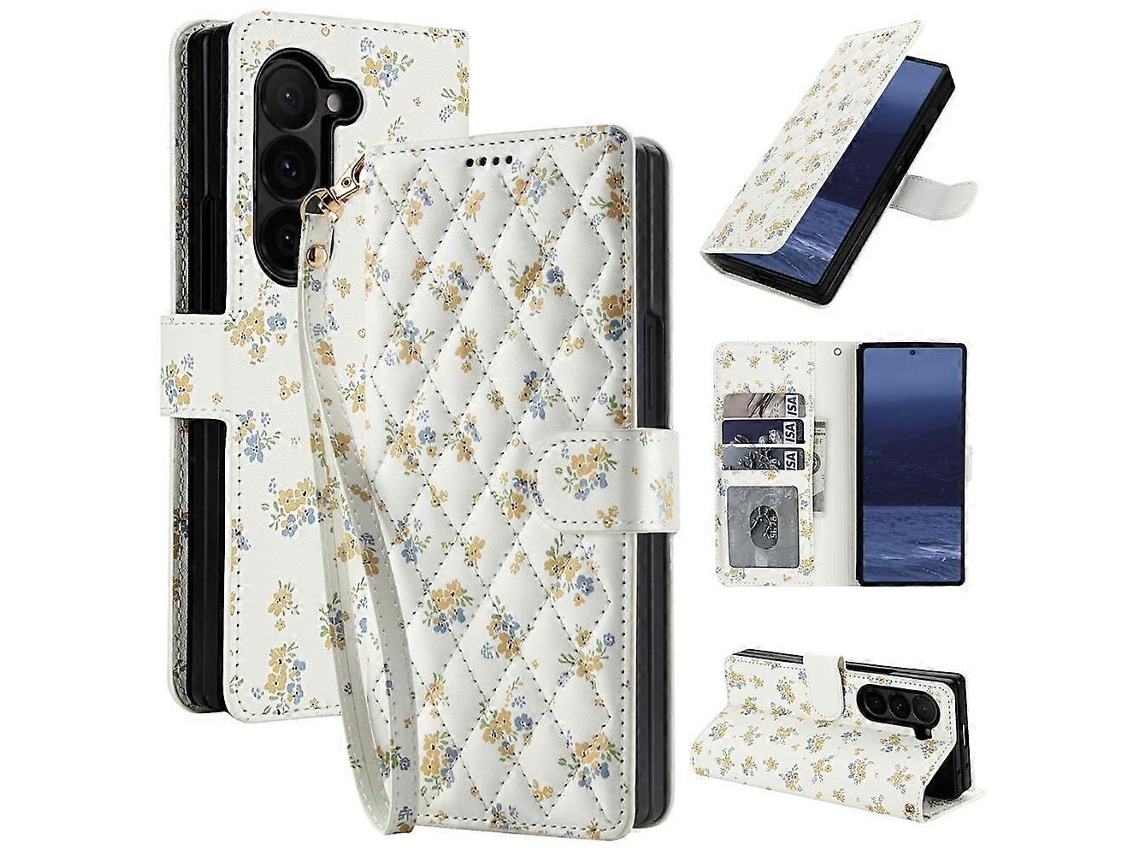 Capa De Celular Em Couro Com Fivela E Estampa Floral, Com Cordão, Para Samsung Galaxy Z Fold5