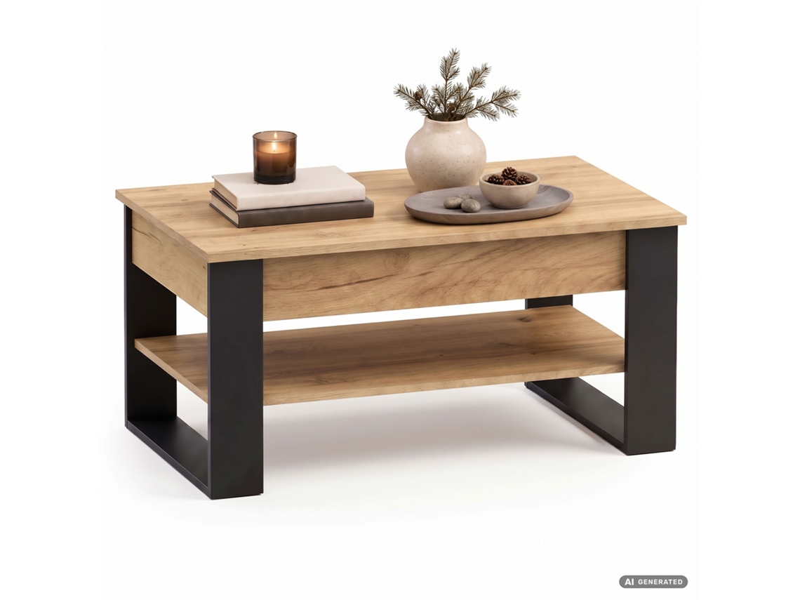 Mesa De Centro Elevatória Denver 92 Cm Retangular Com Prateleira Carvalho Craft E Pernas Pretas