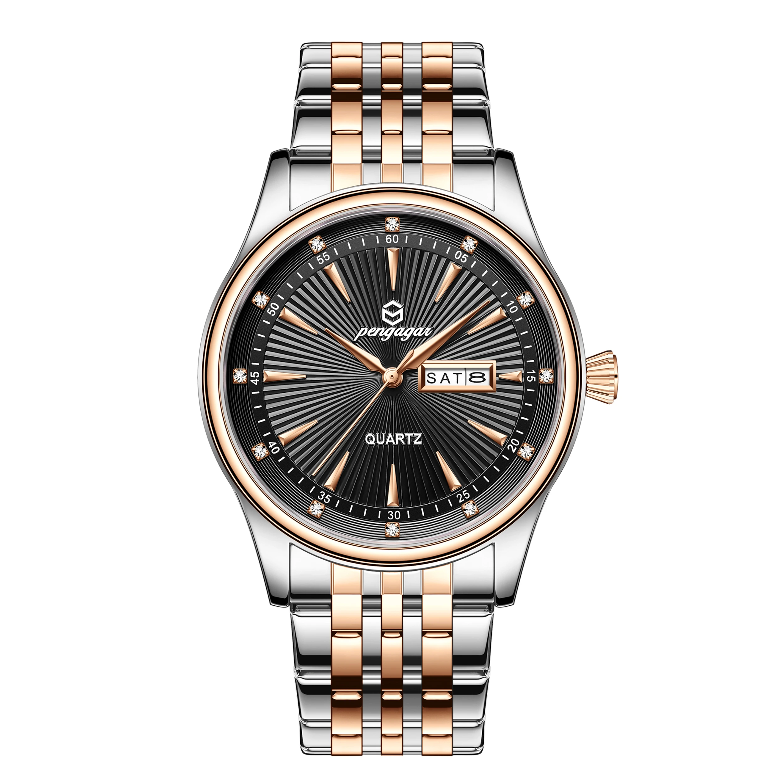 Relógio Masculino Clássico À Prova D'água Com Pulseira Bicolor Em Aço Inoxidável (dourado Rosa E Preto).
