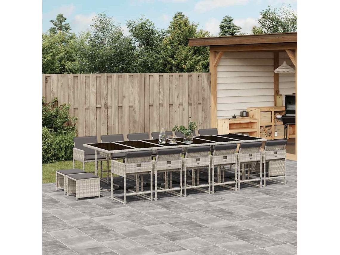 Vidaxl 17 Pcs Conj. Jantar Jardim C/ Almofadões Vime Pe Cinzento-claro