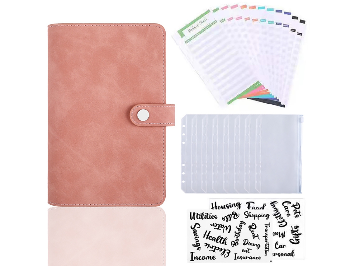 Caderno A6 de Folhas Soltas, Rosa, com 8 Bolsos com Zíper+ 12 Cartões para Orçamento+ 2 Adesivos em Inglês BRILVIBERA