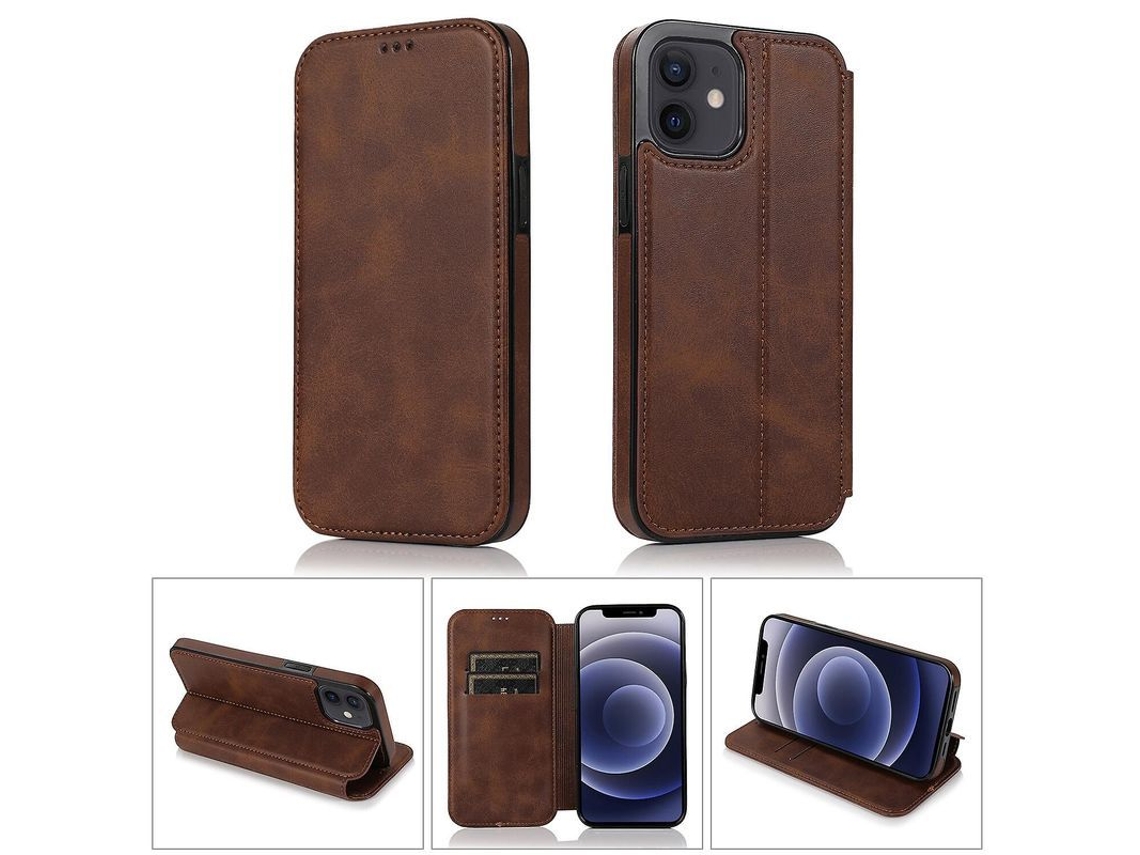 Funda De Cuero Billetera Flip Para Iphone 12 Mini Con Ranuras Para Tarjetas Y Soporte Marrón Iphone 12 Mini Marrón