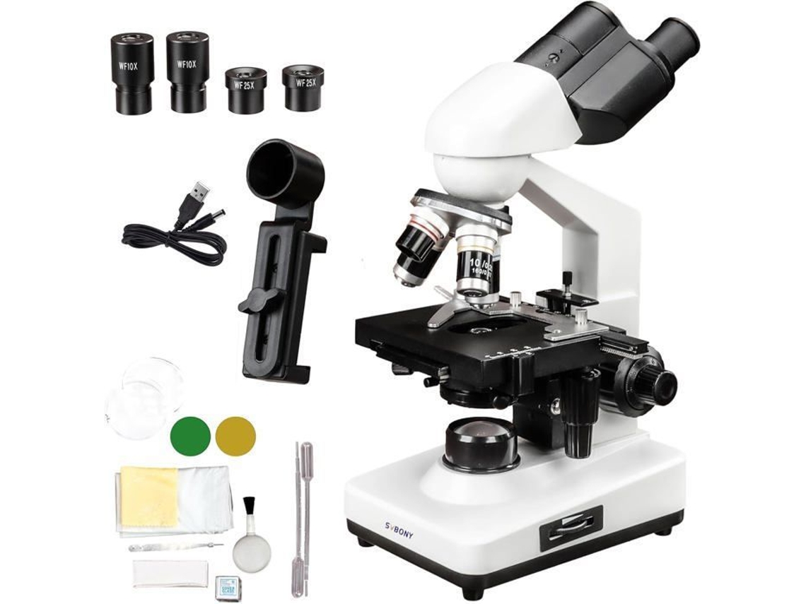 Microscópio Composto Binocular Svbony Sm201, 40x 2500x, Adaptador De Telefone Led, Cena Mecânica De Dupla Camada, Para Laboratórios