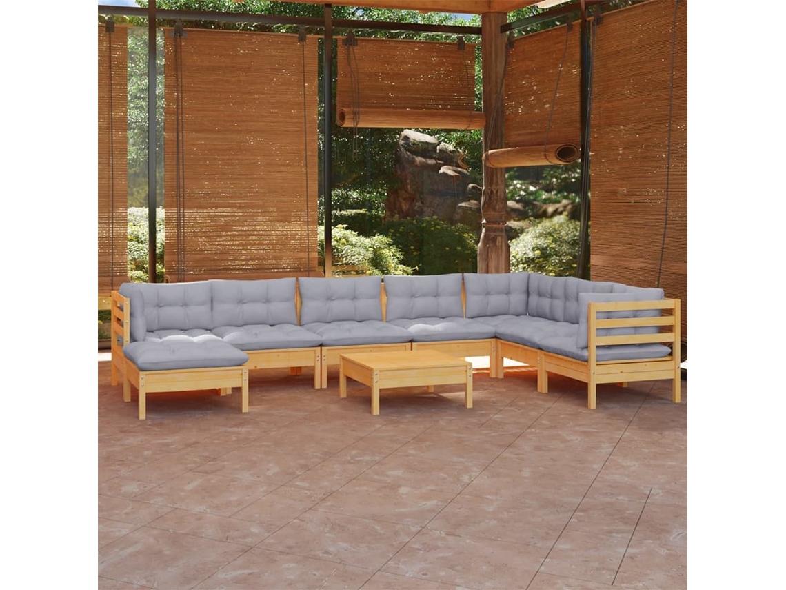 Conjunto 9 Peças Lounge De Jardim Almofadões Cinza Pinho Maciço Dkd Home Decor