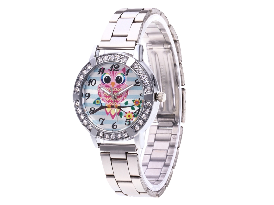 Relógio Analógico de Quartzo com Pulseira de Aço Owl Rhinestone Dial para Mulheres e Homens (prata)