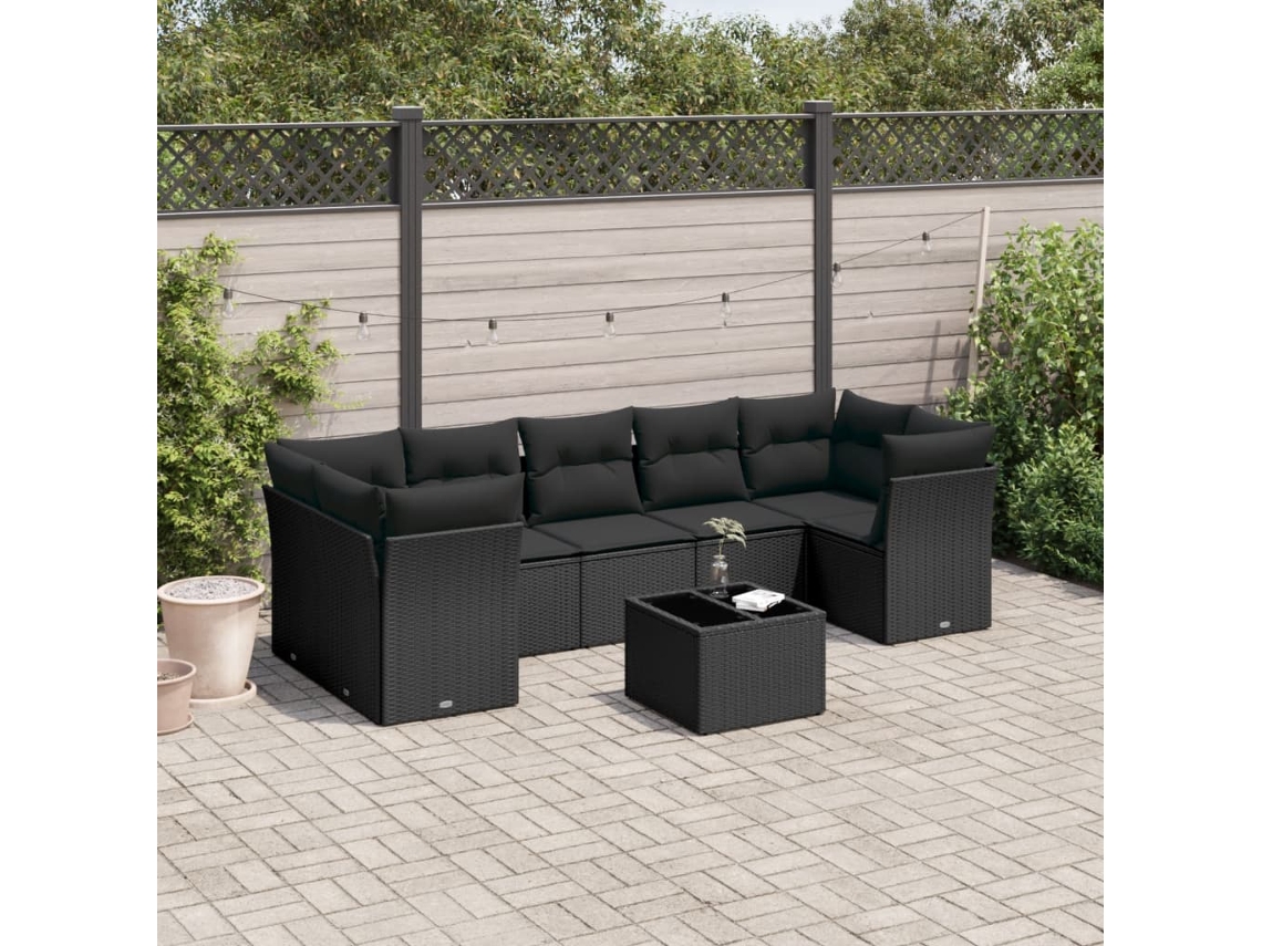 Vidaxl 8 Pcs Conjunto Sofás De Jardim Com Almofadões Vime Pe Preto