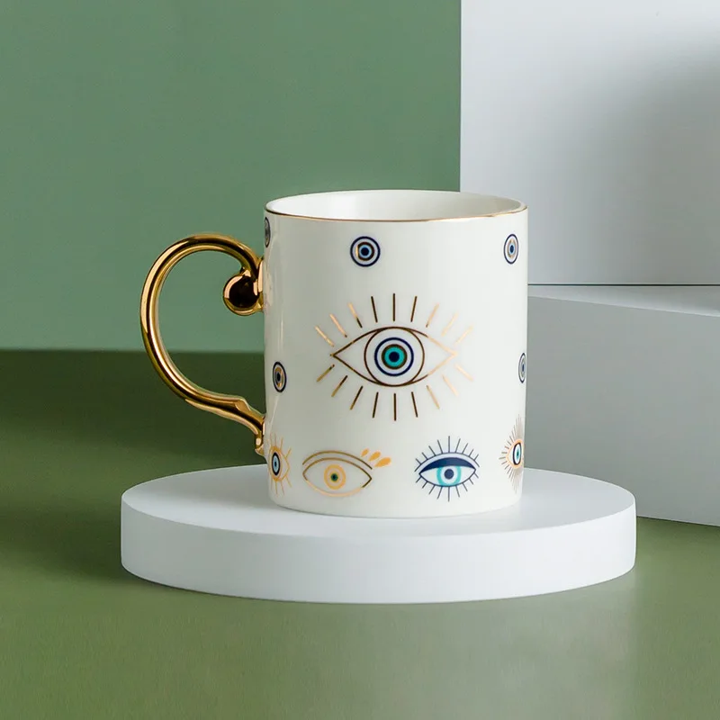 Caneca de Café de Cerâmica com Olho Grego Nórdico , Caneca de Luxo para Escritório com Borda Dourada. MDUG (estilo C, 300 Ml)
