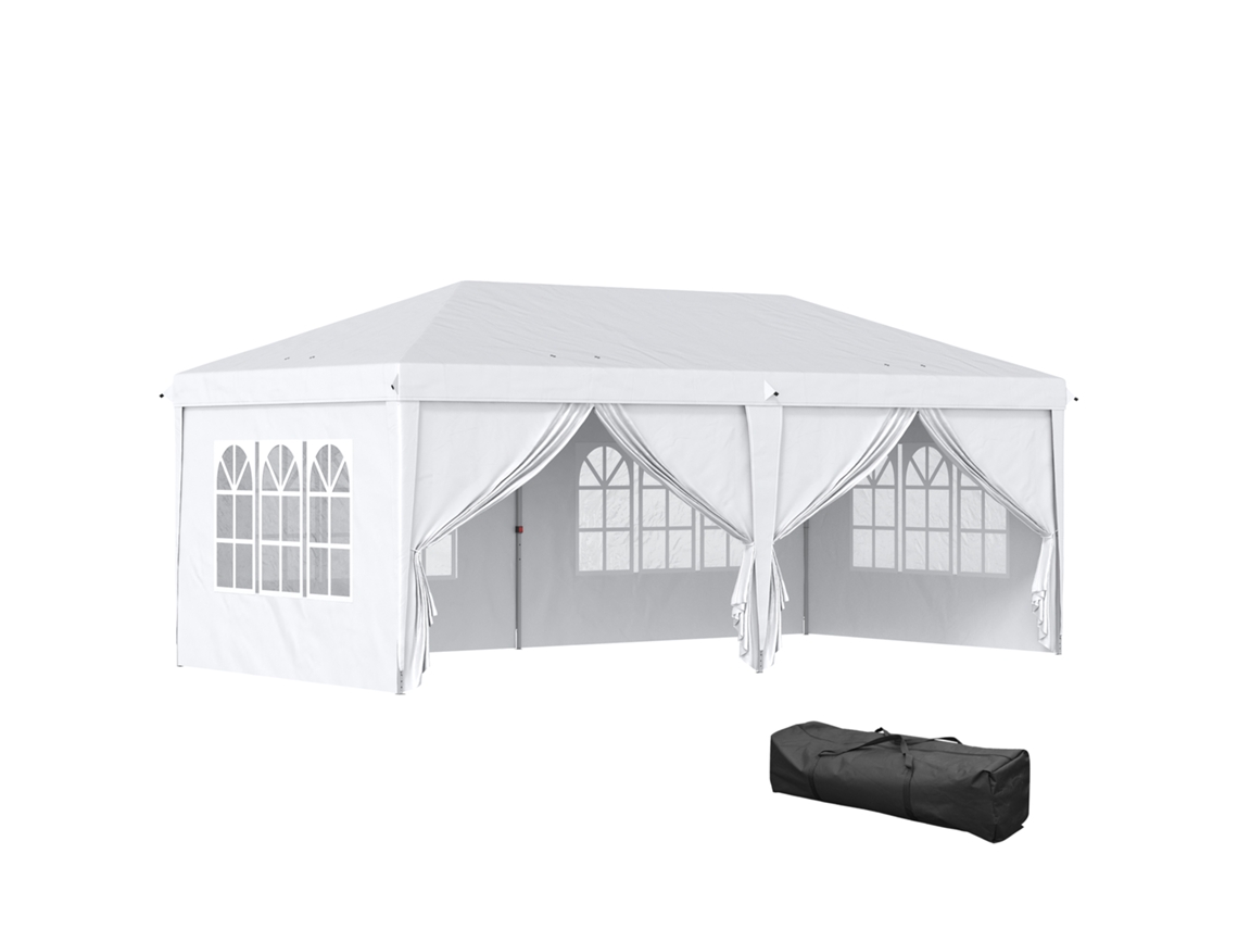 Tenda Para Festas 585x295x270 Cm Com Paredes Laterais Amovíveis 2 Portas Com Zíper 4 Janelas E Bolsa De Transporte Branco