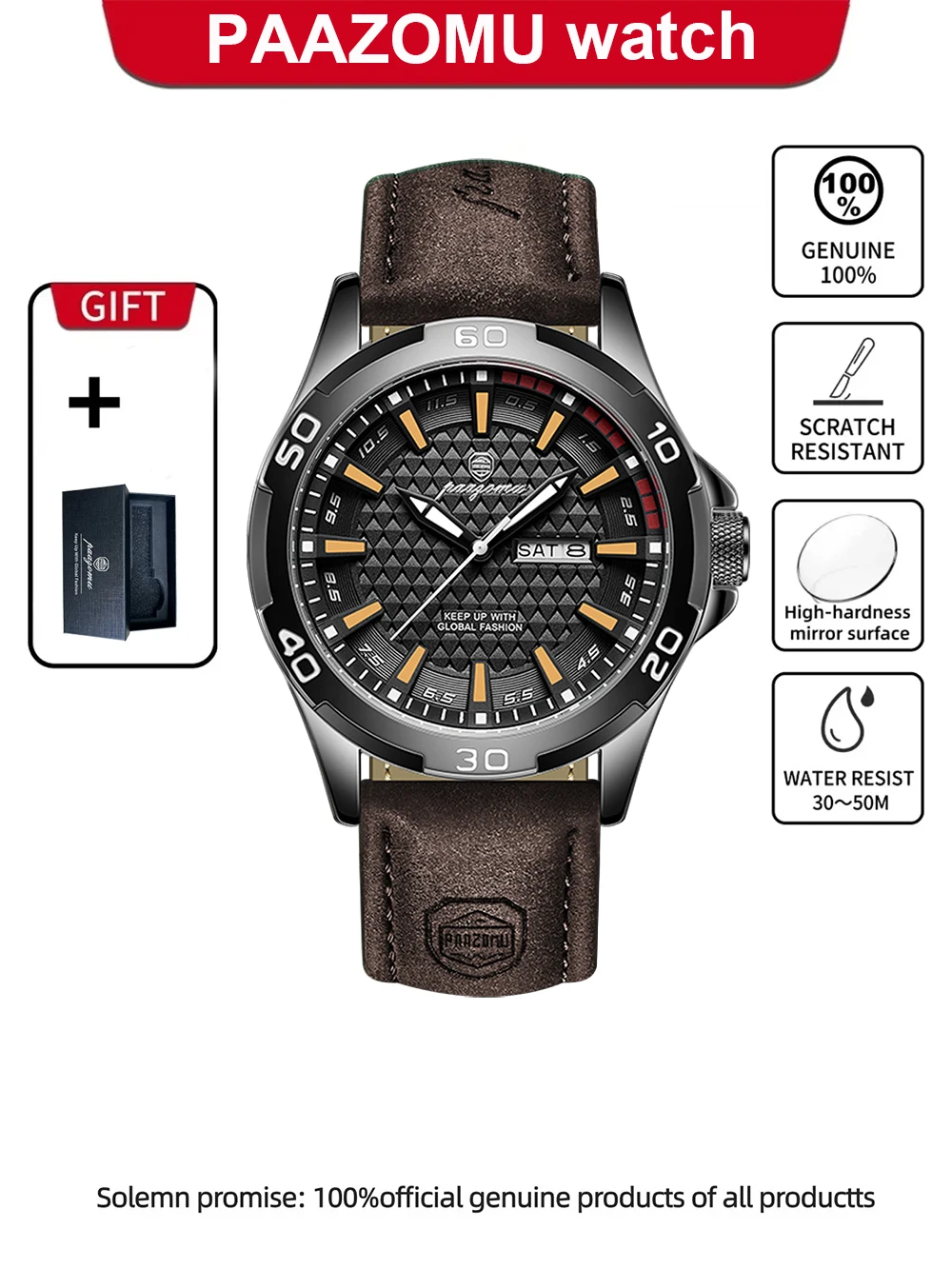 Relógio De Luxo Original (preto E Dourado), Quartzo Com Data E Dia Da Semana Luminosos.