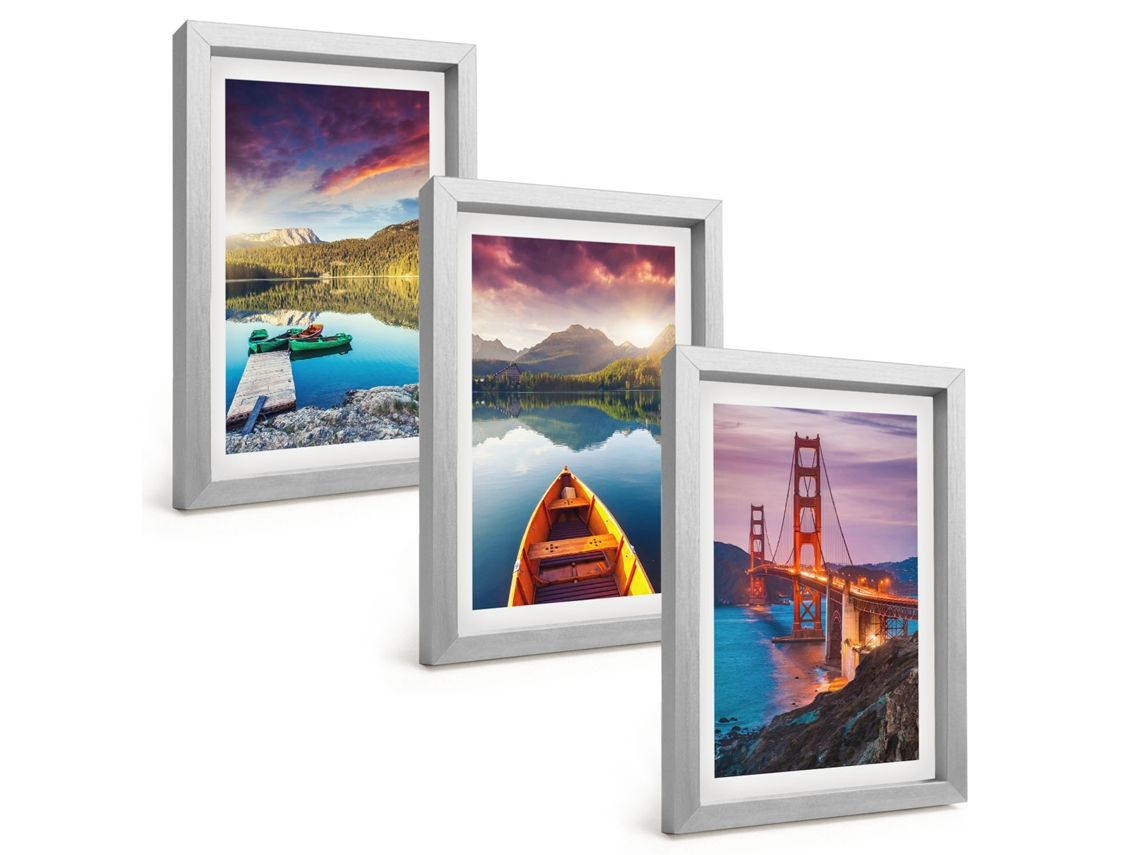 Conjunto De Pinturasvistas De Montanhas, Lagos, Pontes Moldura Prateada Quadros Para A Sala De Estar Espelharte (3 Peças 20x30 Cm)