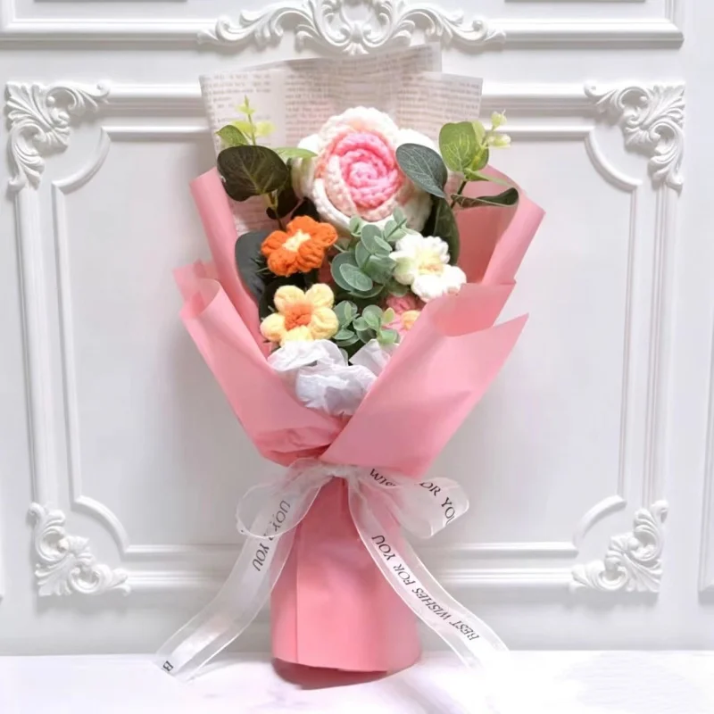 Buquê De Flores Artificiais De Crochê Com Acabamento Em Tricô, Presente Criativo