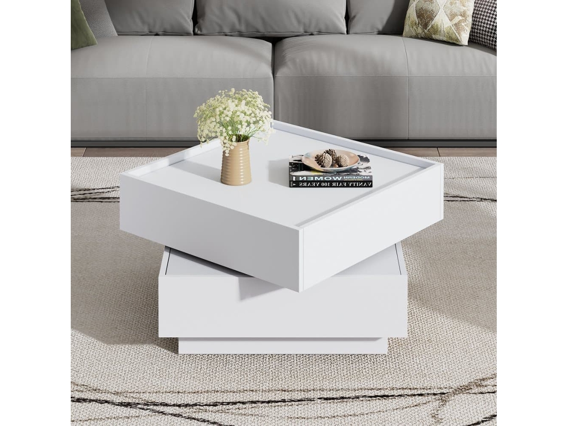 Mesa De Centro Quadrada Com Rotação De 360° - Com 2 Gavetas - 60x60x38 Cm - Branco