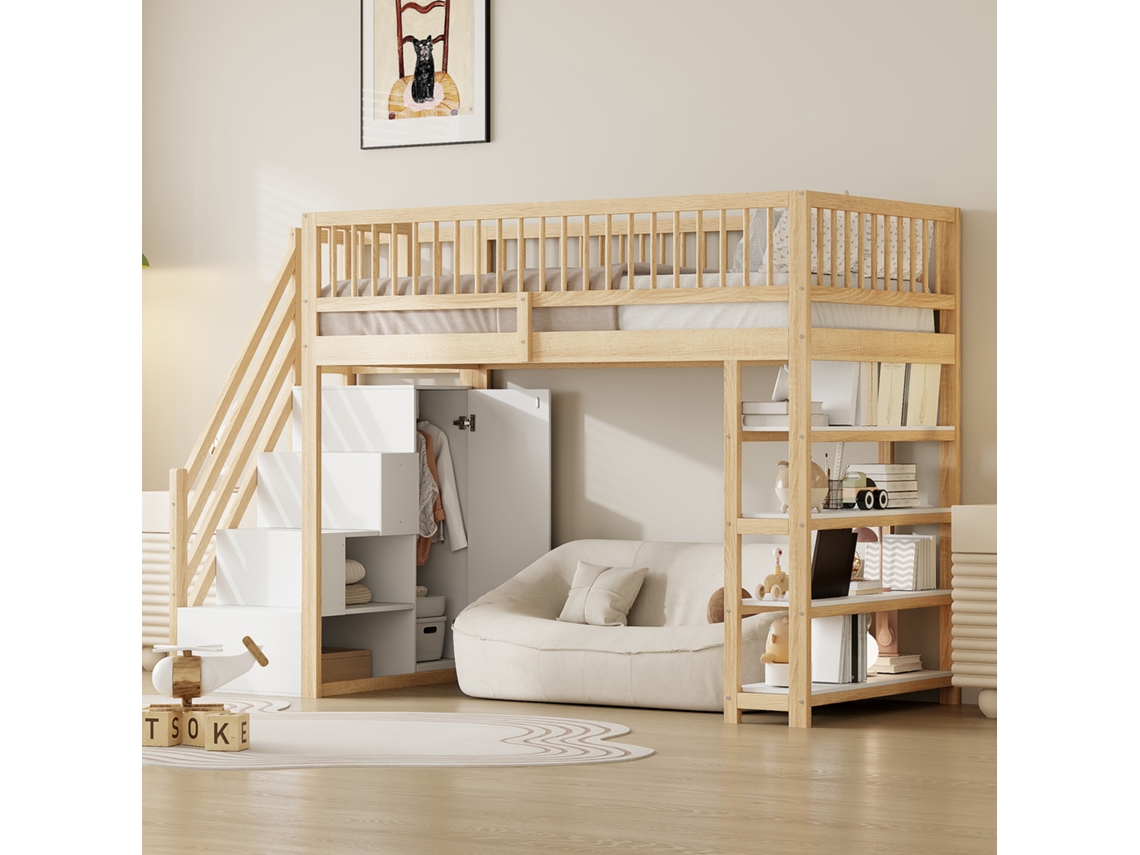 Cama Alta 90x200 Design Seguro Com Armário Prateleiras E Escada Madeira