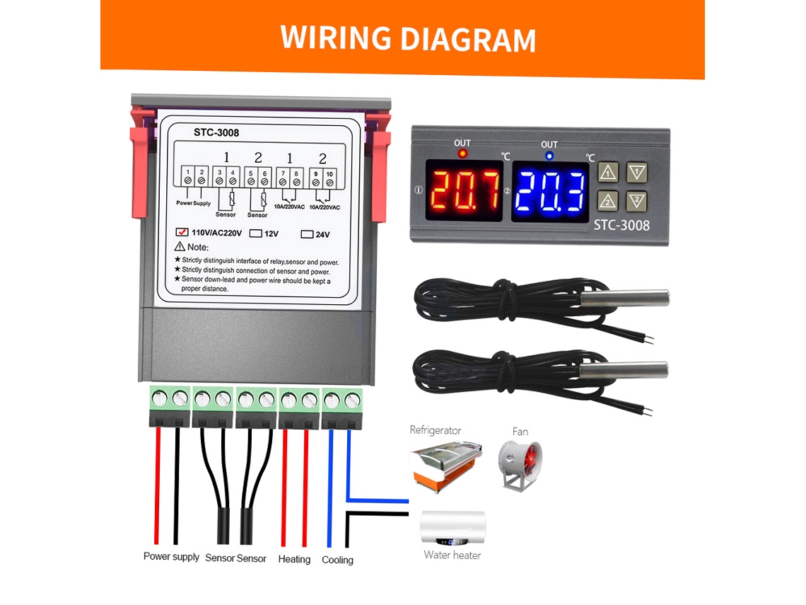 Controlador de Temperatura com Display Dual e Sonda Ntc Regulador Termostato para Incubadora Refrigerador 110 220v