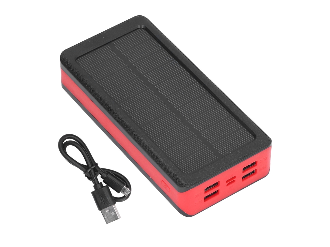 Carregador portátil LED solar 2026 de 30000mAh com 4 portas USB para carregamento rápido e 3 modos de iluminação para escalada (vermelho).