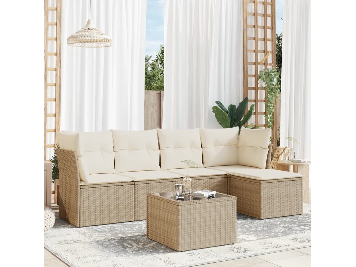 Vidaxl 6 Pcs Conjunto De Sofás P/ Jardim Com Almofadões Vime Pe Bege