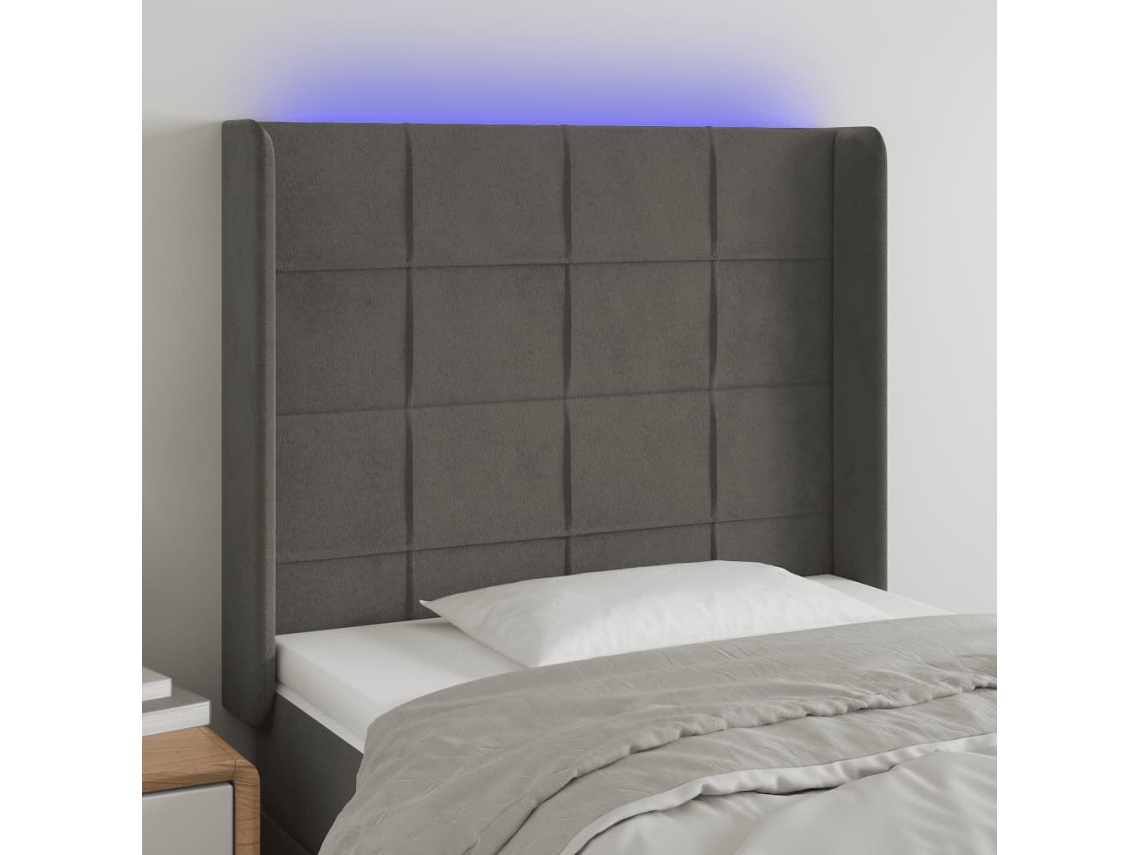 Vidaxl Cabeceira Cama C/ Luzes Led Veludo 93x16x118/128cm Cinza-escuro