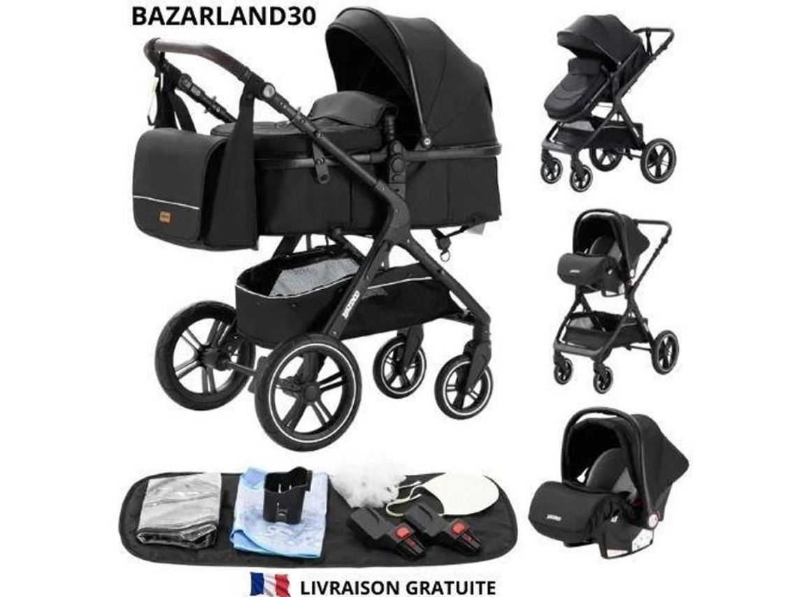 Bazarlândia30. Carrinho de Bebê 3 em 1 Cadeira Combinada Assento de Carro Trio Reversível Ajustável Alta Qualidade Rodas Inquebráveis Cana. Preto