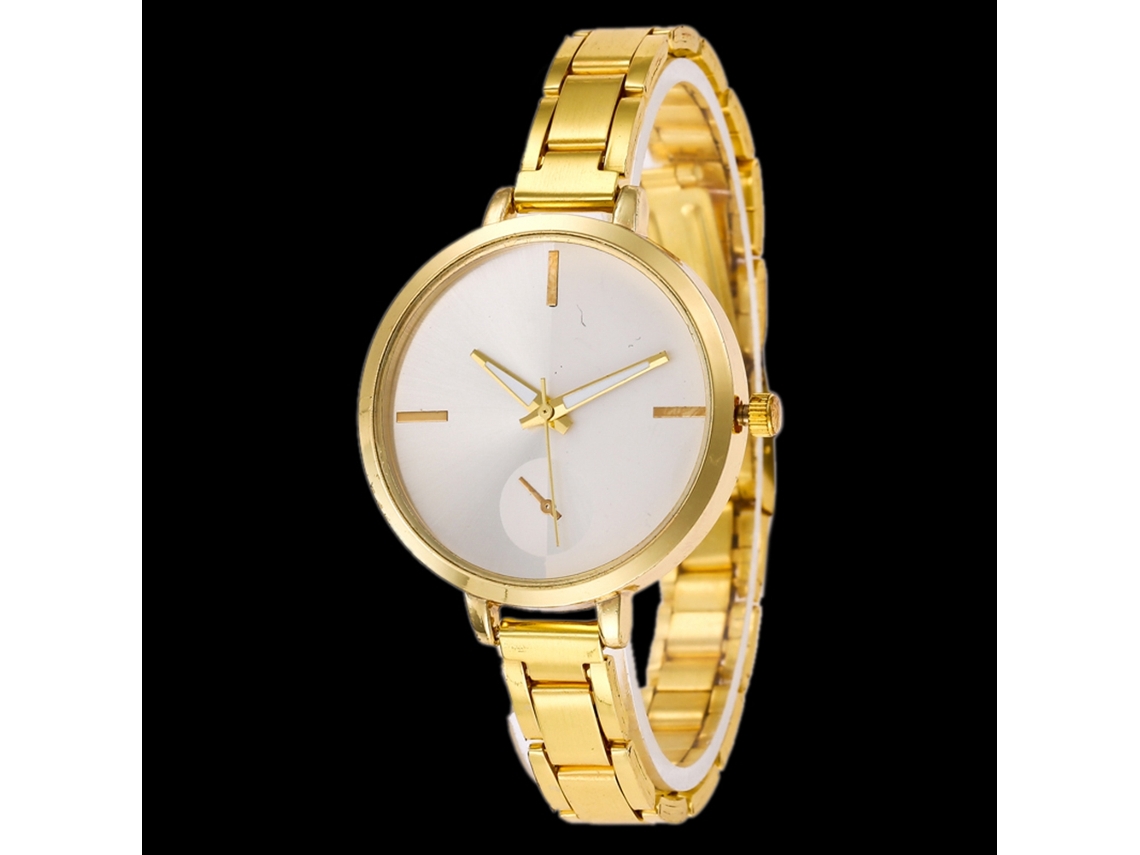 Relógio de quartzo com pulseira de aço, estilo moderno, simples e universal, detalhes em dourado.
