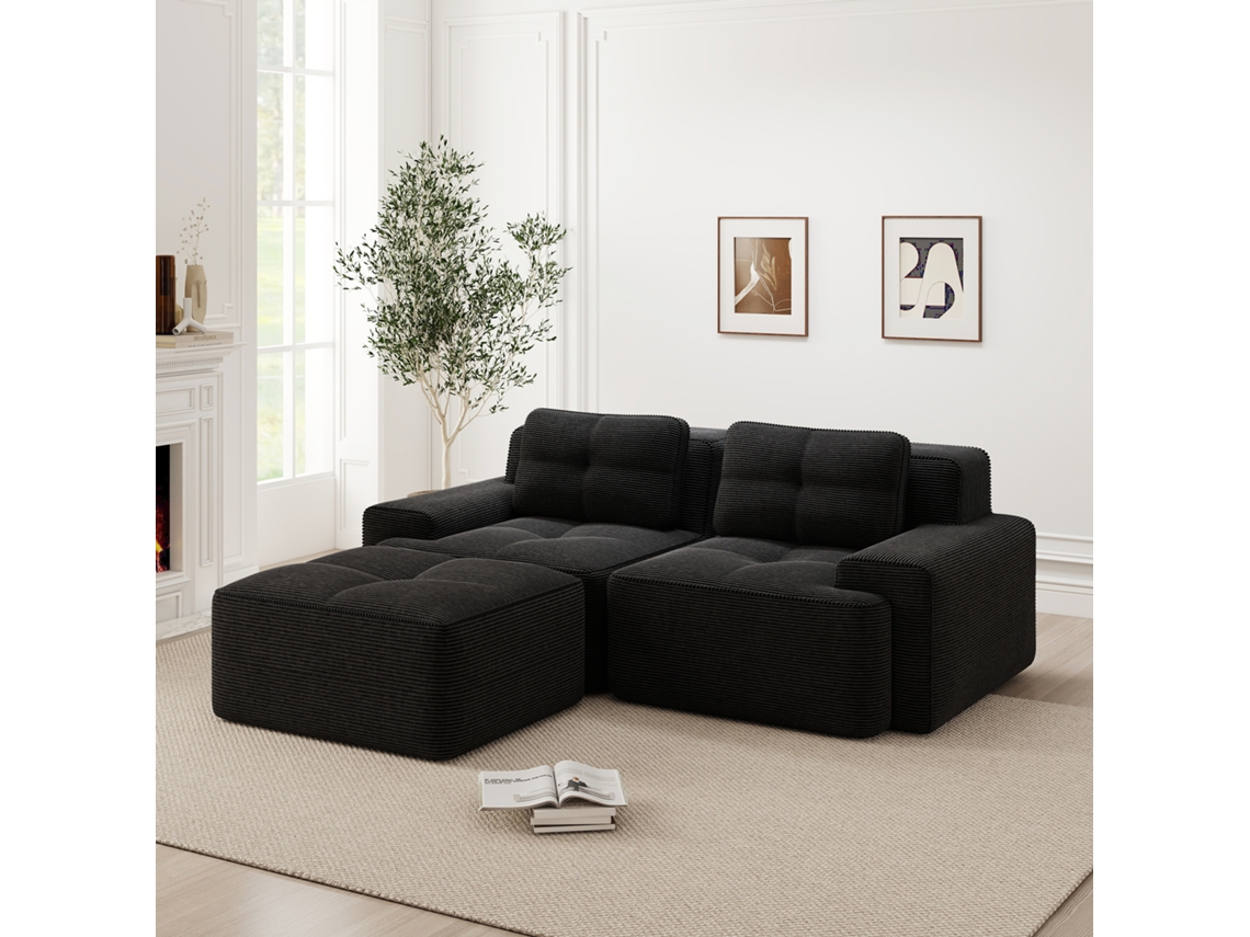 Sofá Modular Em L Sem Estrutura Com Ottoman E Assento Profundo, Preto